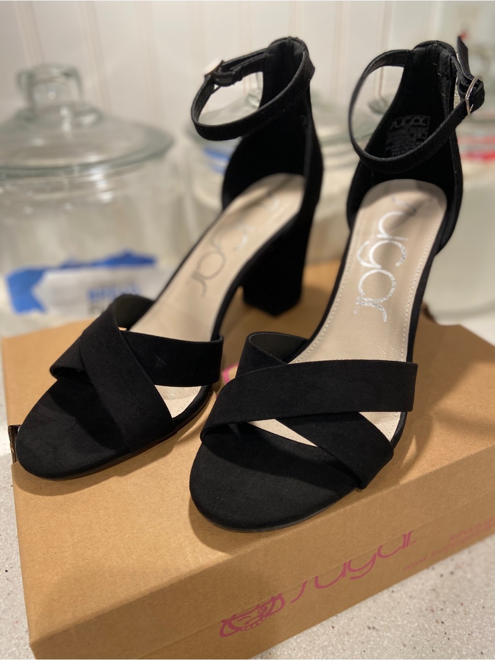 Sugar Black Crisscross Ankle-Strap Block Heels